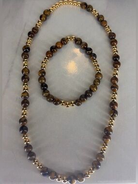 Tiger Eye Bead Necklace & Bracelet Set - Brown with Gold Accents